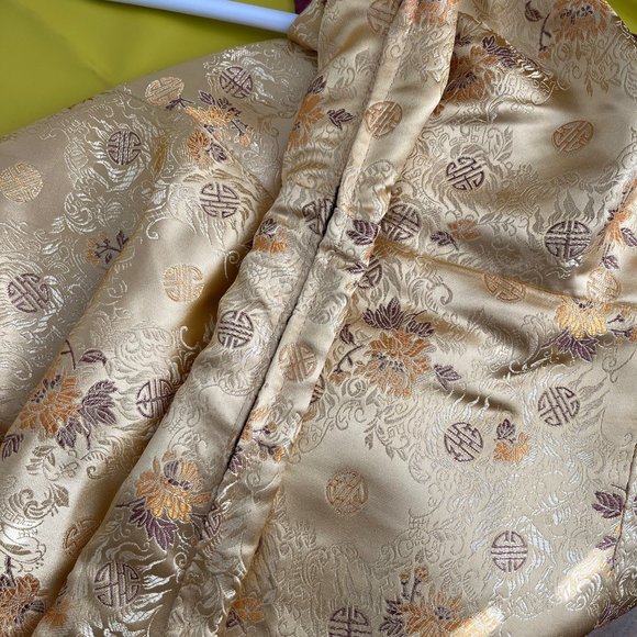 One Shoulder Formal Gown, Gold and Maroon Metallic Floral Brocade, Size 1/3 - Picture 11 of 15